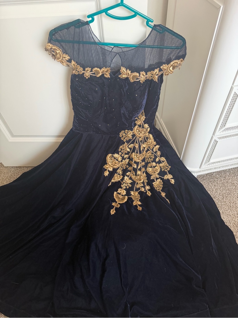 Gold-Appliqué Navy Maxi Dress with Sheer Yoke